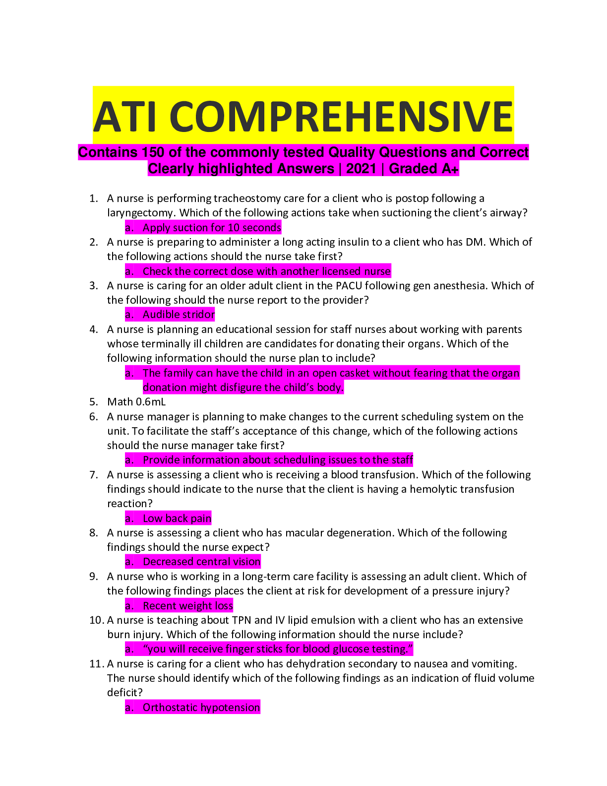 Preview of ATI COMPREHENSIVE Contains 150 of the commonly tested Quality Questions and Correct Clearl